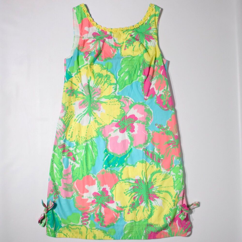 Lilly Pulitzer Blue Yellow Pink Hibiscus Floral Shift Dress Crochet Trim Women 4